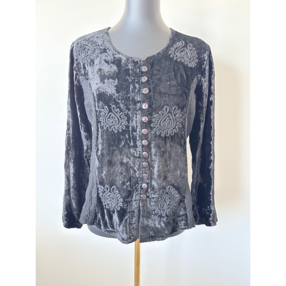 Vintage Black Crushed Velvet Embroidered Button Down Tie Back Top Free Size L/XL